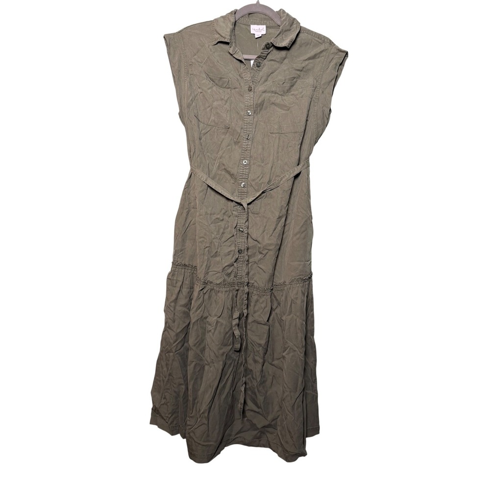 Isabel Maternity Maxi Dress L Green Button Down Tiered Utility Sleeveless NWT